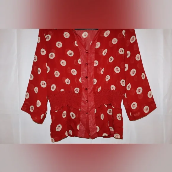 MG Originals Red Sheer Polka Dot Peplum Blouse With 3/4 Sleeves. Large. NWOT. - Picture 4 of 10
